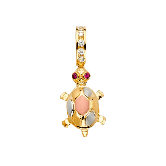 14K Tri-Color Gold Turtle Red CZ and White CZ Pendant