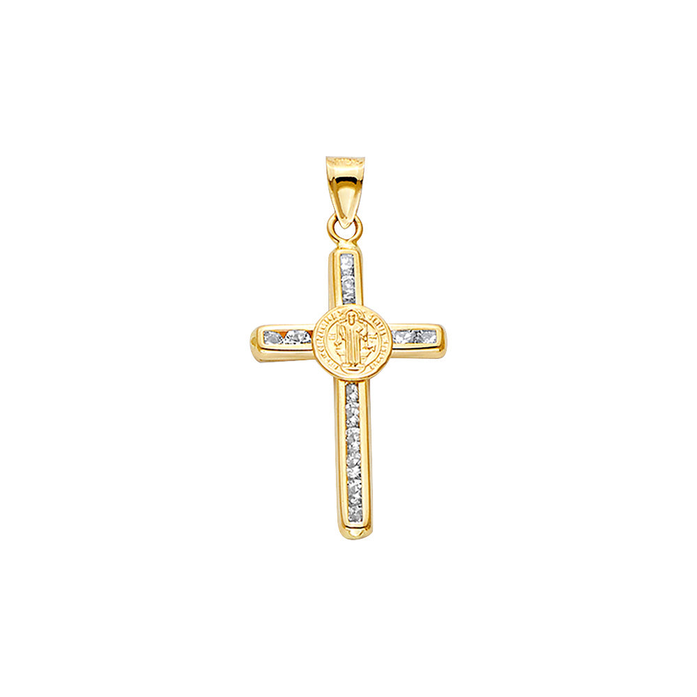 14K Yellow Gold Saint Benedict Medal Cross CZ Pendant aprox 1 1/2" tall