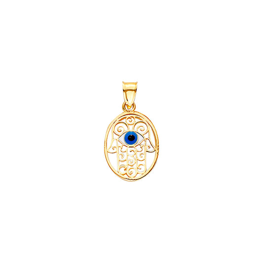 14K Yellow Gold Filigree Hamsa Evil Eye Pendant