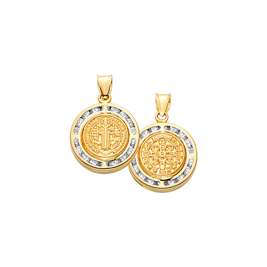 14K Yellow Gold Double Sided Saint Benedict Round Medal CZ Pendant aprox 1" tall