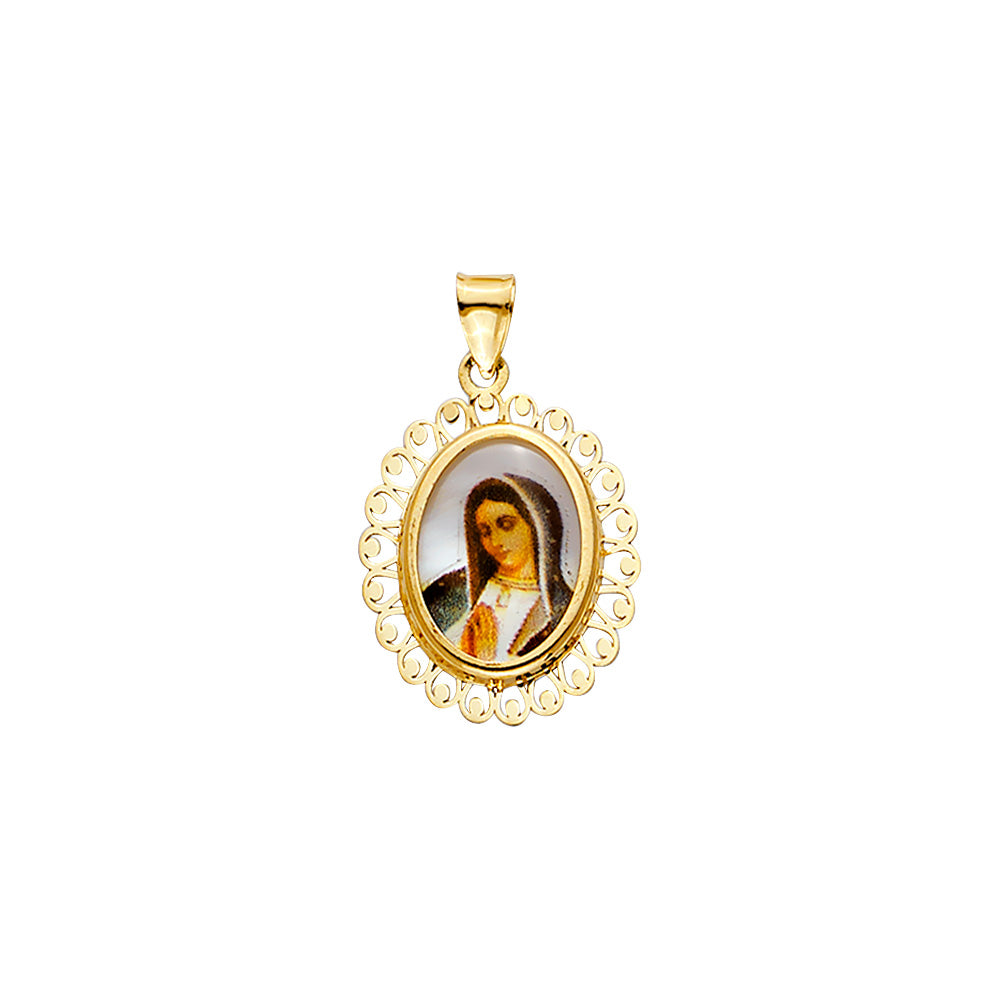 14K Yellow Gold Oval Virgin Guadalupe Filigree Medal Pendant