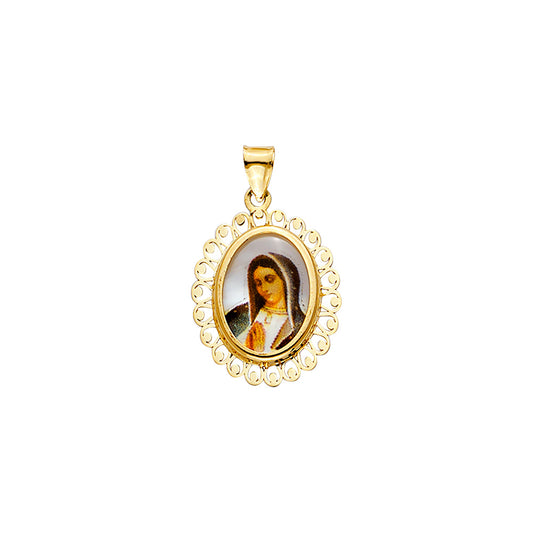 14K Yellow Gold Oval Virgin Guadalupe Filigree Medal Pendant