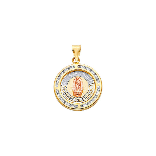 14K Tri-Color Gold Our Lady of Guadalupe Round Medallion CZ Pendant
