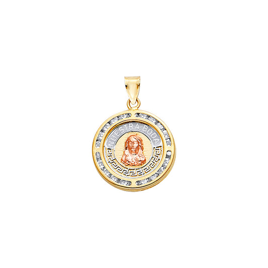 14K Tri-Color Gold Sacred Heart Round CZ Medallion Pendant