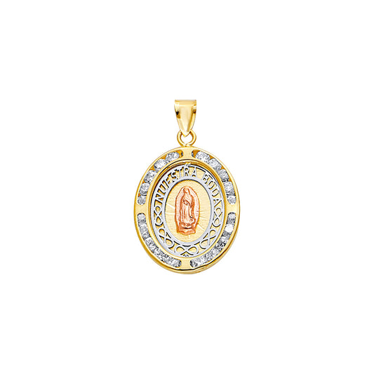14K Tri-Color Gold Our Lady of Guadalupe Oval Medallion CZ Pendant