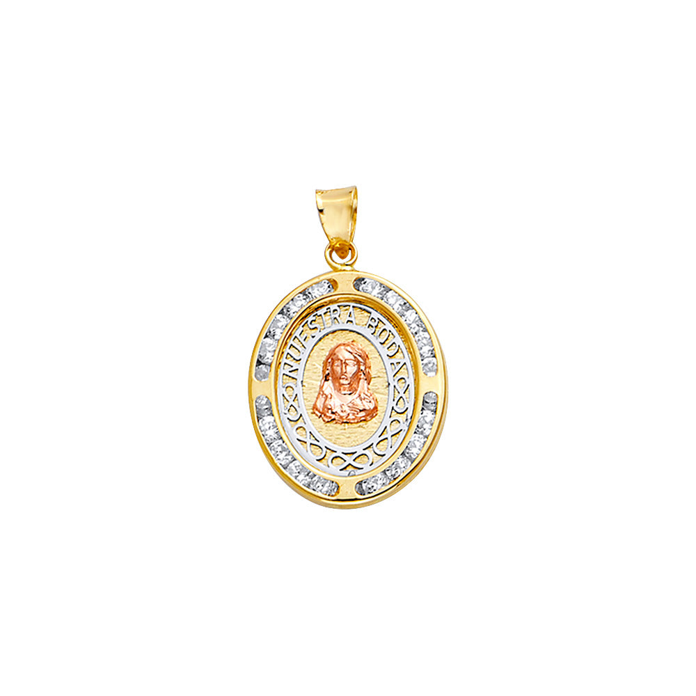 14K Tri-Color Gold Sacred Heart OvalCZ Medallion Pendant