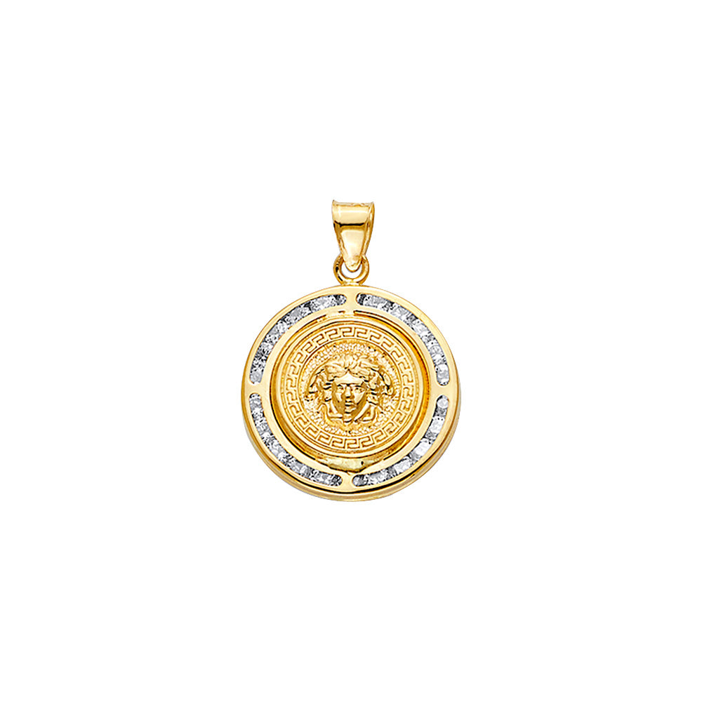 14K Yellow Gold Greek Key Medusa Design CZ Pendant