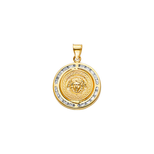 14K Yellow Gold Greek Key Medusa Design CZ Pendant