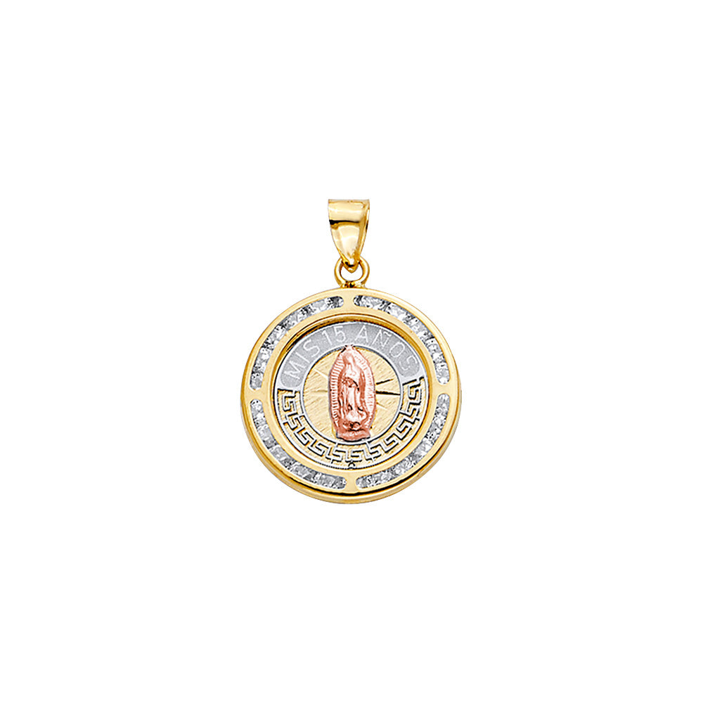 14K Tri-Color Gold Mis 15 Años Round Virgen de Guadalupe Pendant with Cubic Zirconia