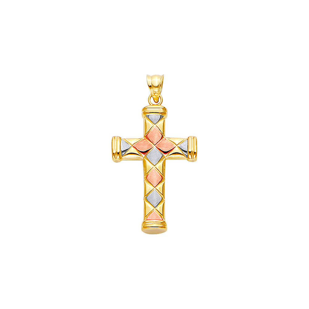 14K Tri-Color Gold Diamond-Pattern Cross Pendant aprox 1 1/4" tall