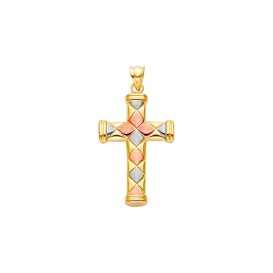 14K Tri-Color Gold Diamond-Pattern Cross Pendant aprox 1 1/4" tall