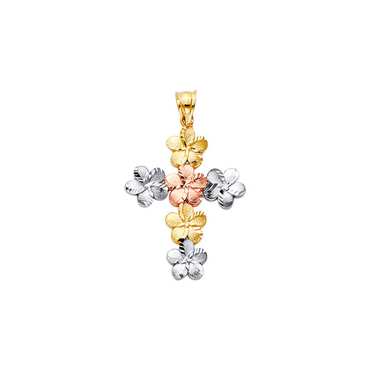 14K Tri-Color Gold Floral Cross Pendant aprox 1 1/2" tall