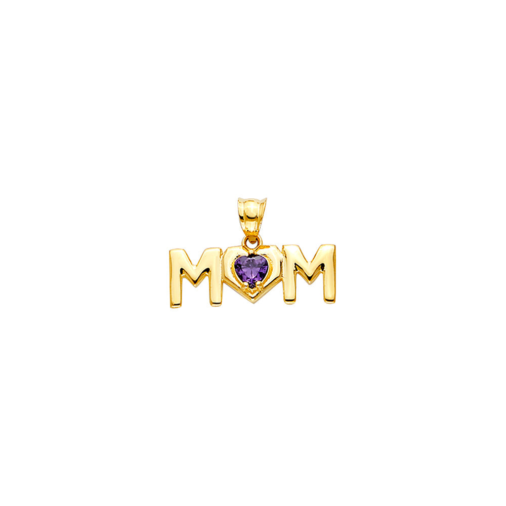 14K Yellow Gold Mom Pendant with Heart-Shaped Purple CZ Stone