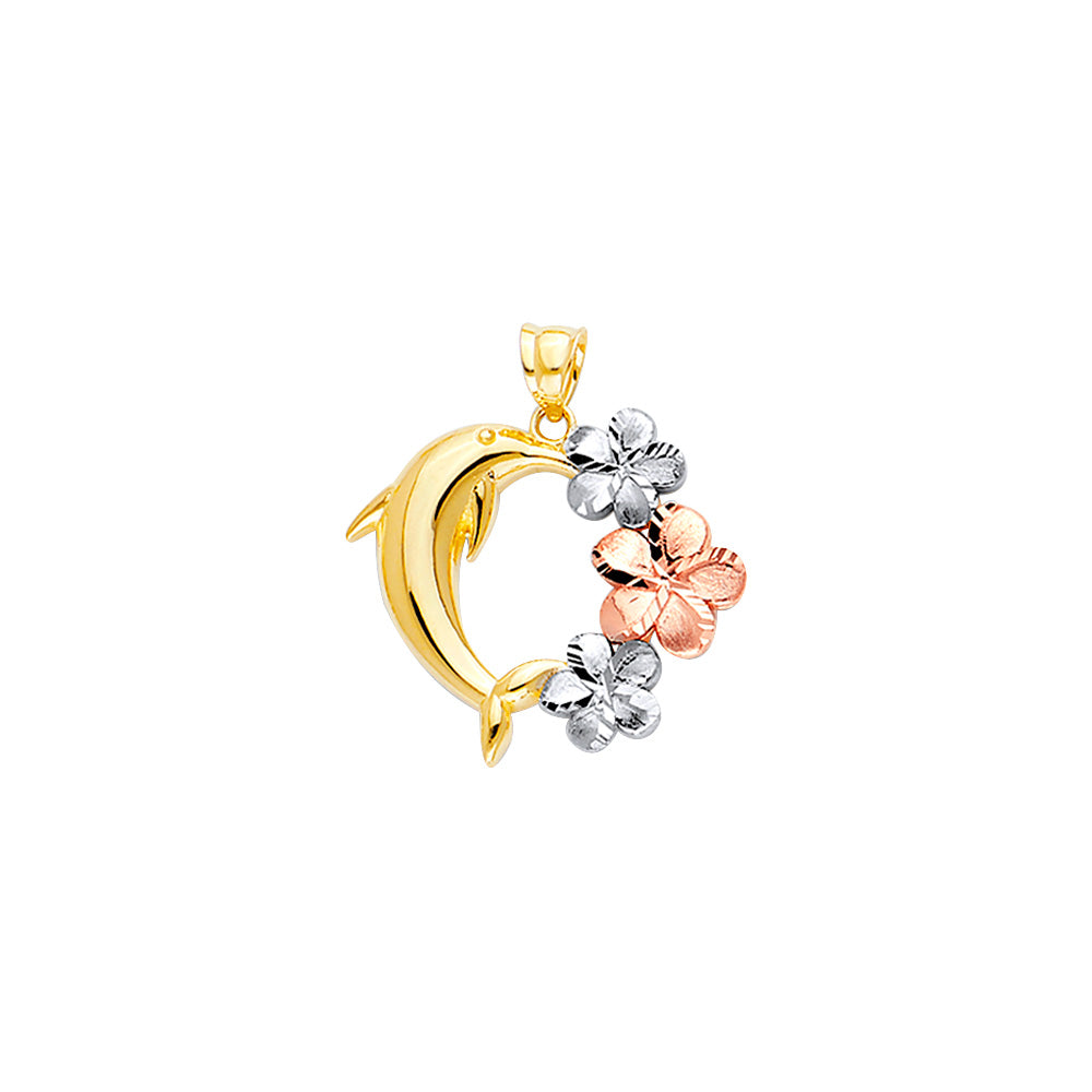 14K Tri-Color Gold Dolphin and Flowers Pendant