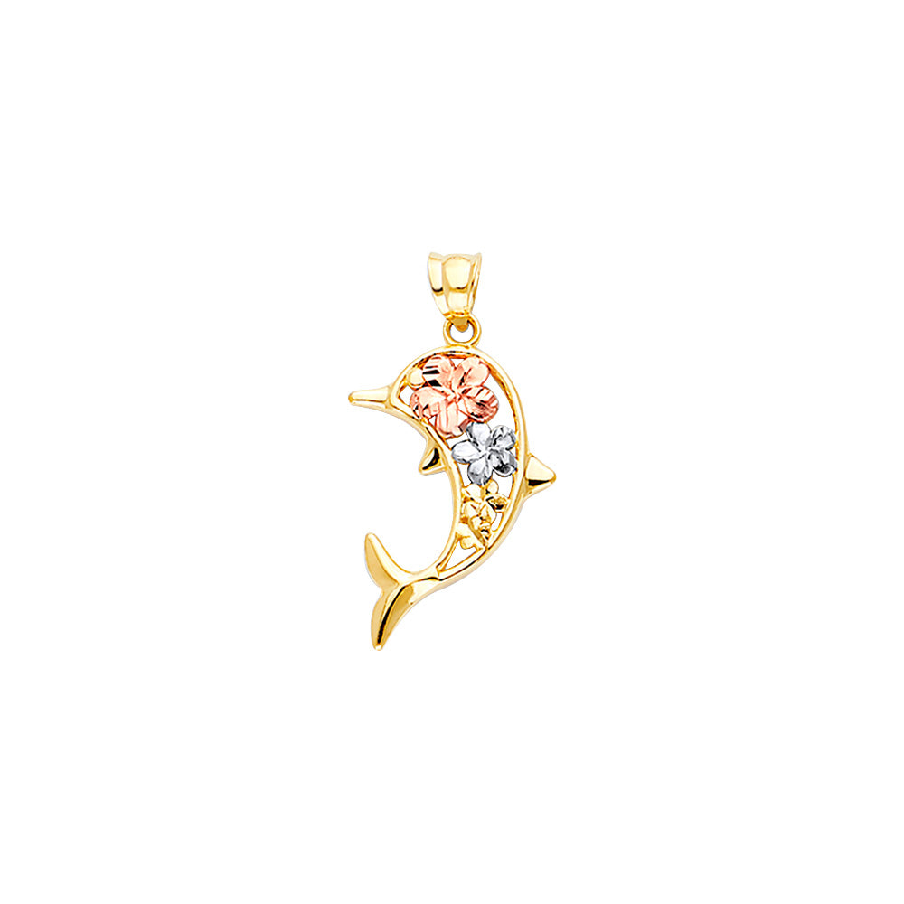 14K Tri-Color Gold Dolphin with Flowers Pendant