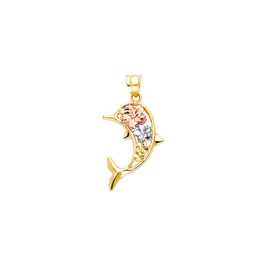 14K Tri-Color Gold Dolphin with Flowers Pendant