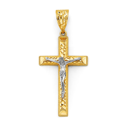 14K Two-Tone Gold Nugget Design Crucifix Pendant aprox 2 1/2" tall