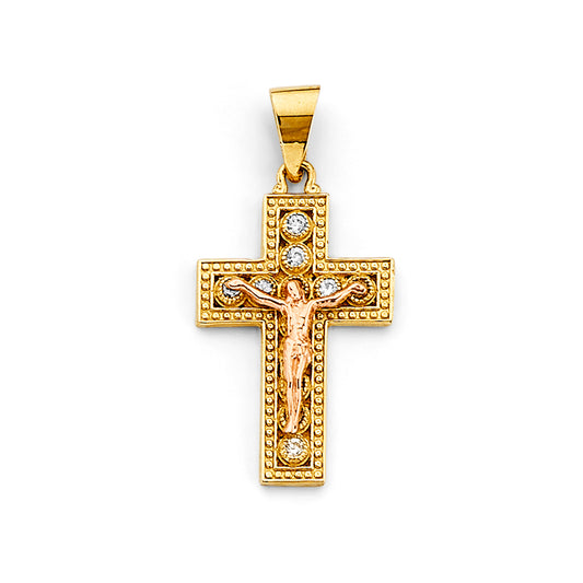 14K Two-Tone Gold Beaded Border CZ Crucifix Pendant aprox 1 1/4" tall