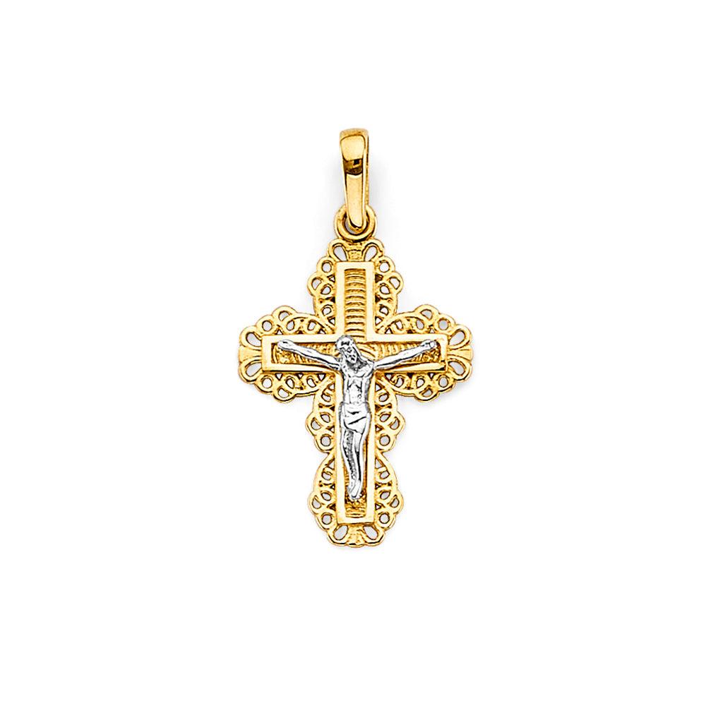 14K Two-Tone Gold Filigree Border Crucifix Pendant aprox 1" tall