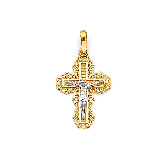 14K Two-Tone Gold Filigree Border Crucifix Pendant aprox 1" tall