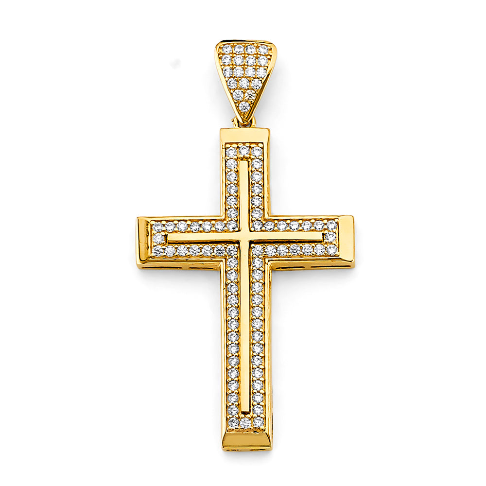 14K Yellow Gold Double Row CZ Cross Pendant aprox 2" tall