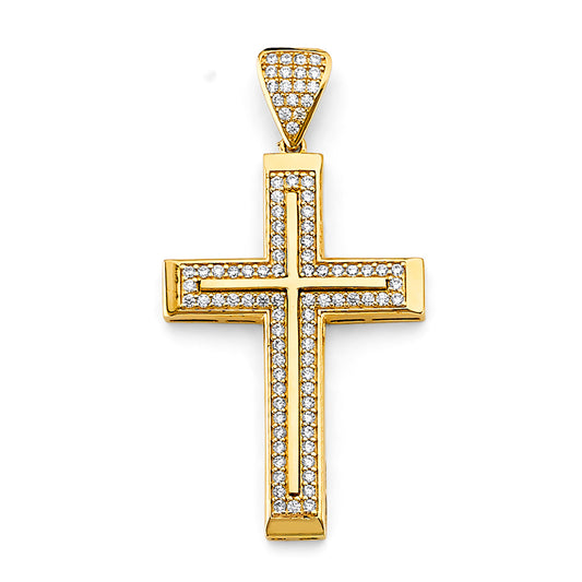 14K Yellow Gold Double Row CZ Cross Pendant aprox 2" tall