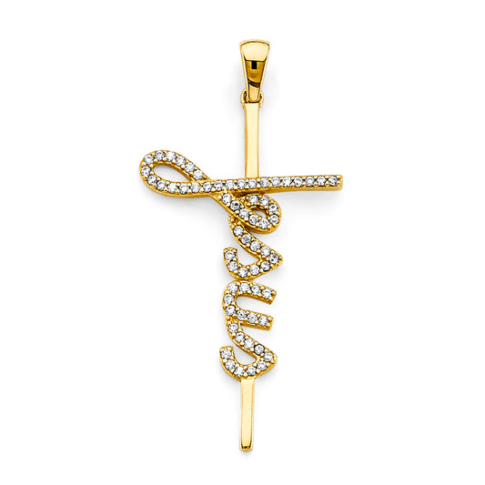 14K Yellow Gold CZ Faith Script Cross Pendant aprox 1 1/2" tall