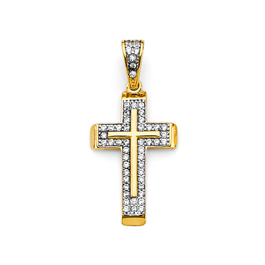 14K Yellow Gold Double Row CZ Cross Pendant aprox 1 1/4" tall