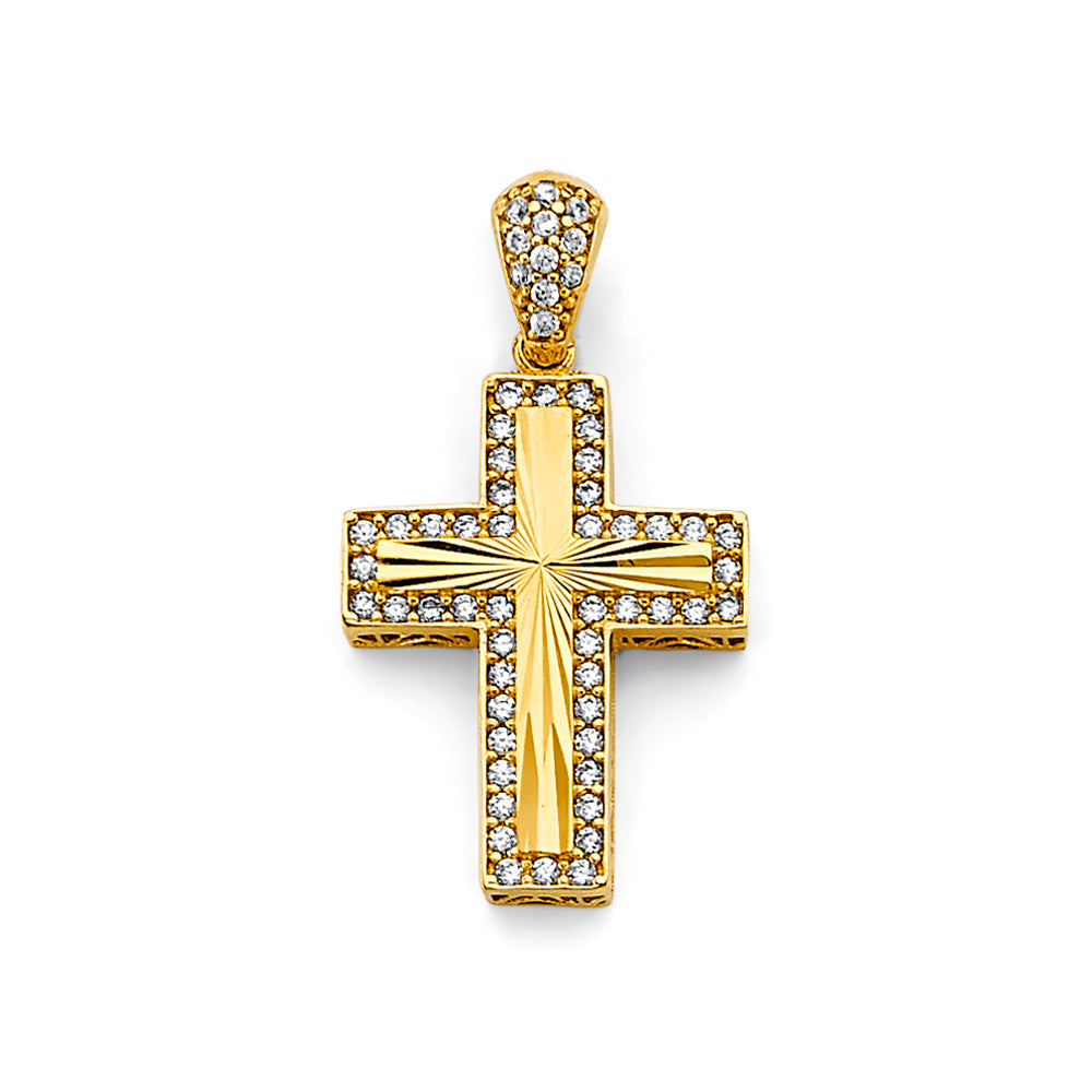 14K Yellow Gold Diamond-Cut CZ Cross Pendant aprox 1 1/4" tall