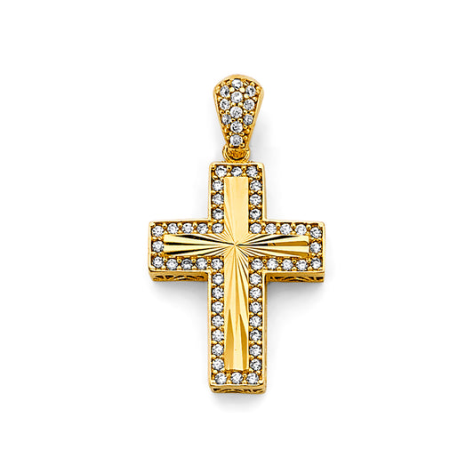 14K Yellow Gold Diamond-Cut CZ Cross Pendant aprox 1 1/4" tall