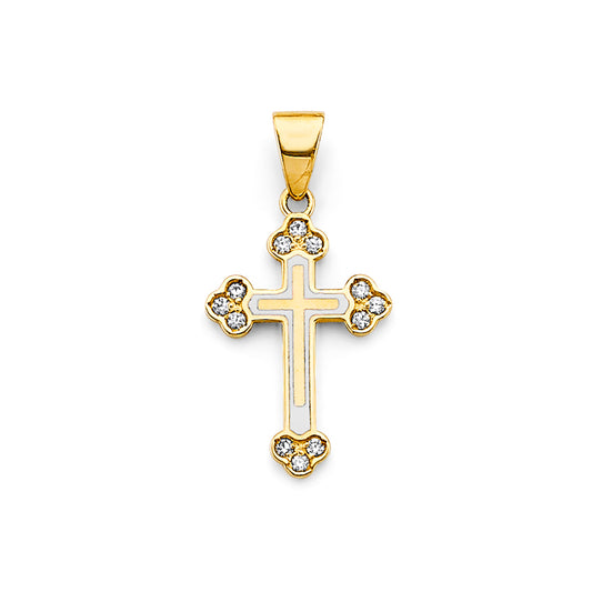 14K Two-Tone Gold CZ Floral Tip Cross Pendant aprox 1" tall
