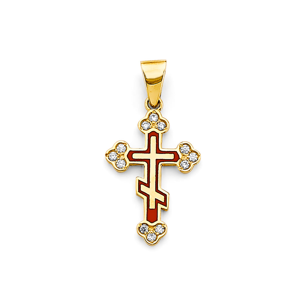 14K Yellow Gold Red Enamel CZ Orthodox Cross Pendant aprox 1" tall