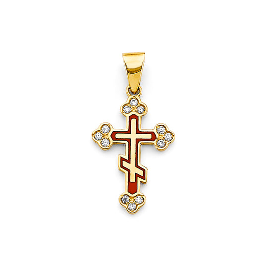 14K Yellow Gold Red Enamel CZ Orthodox Cross Pendant aprox 1" tall