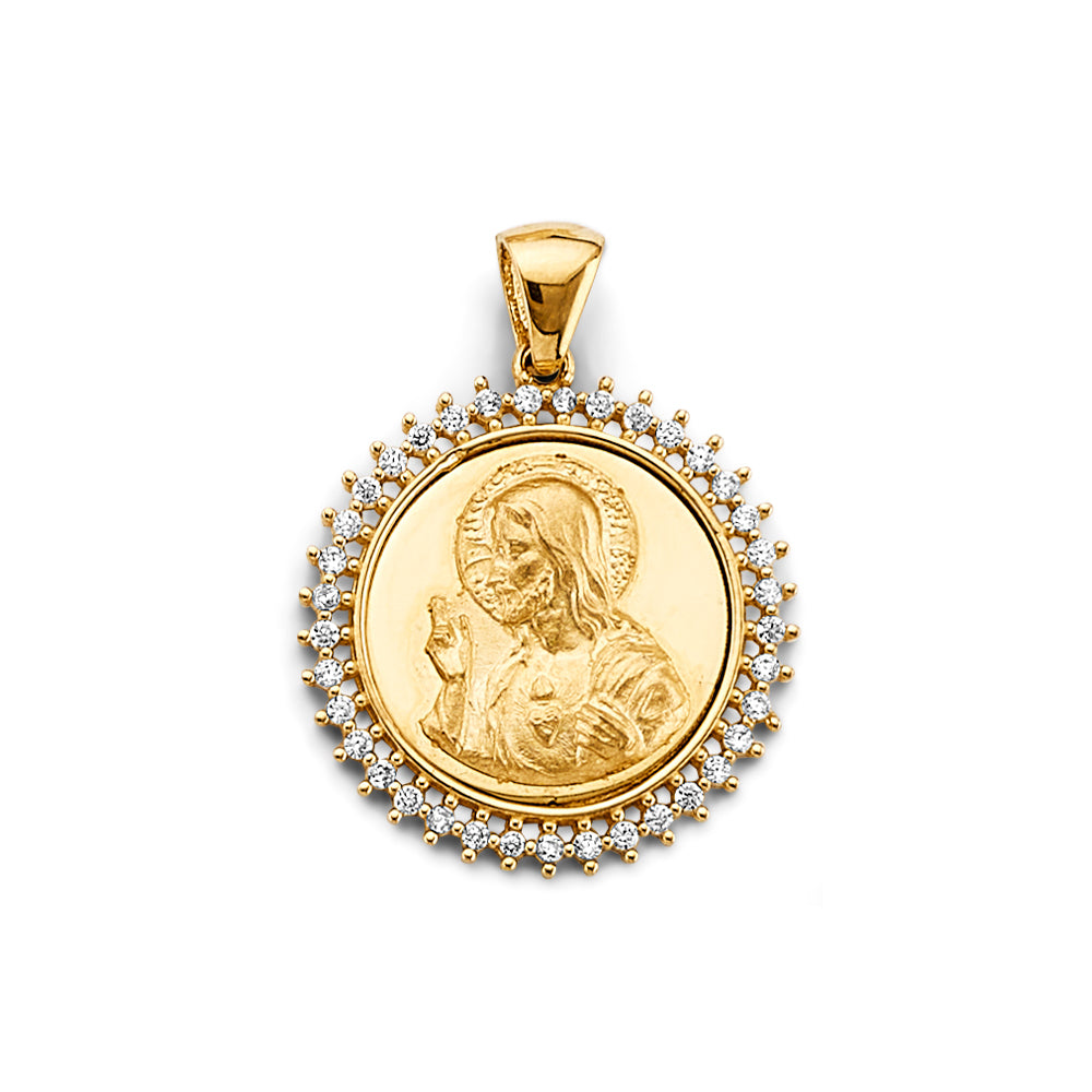 14K Yellow Gold Sacred Heart Jesus Round CZ Medallion aprox 1" Tall