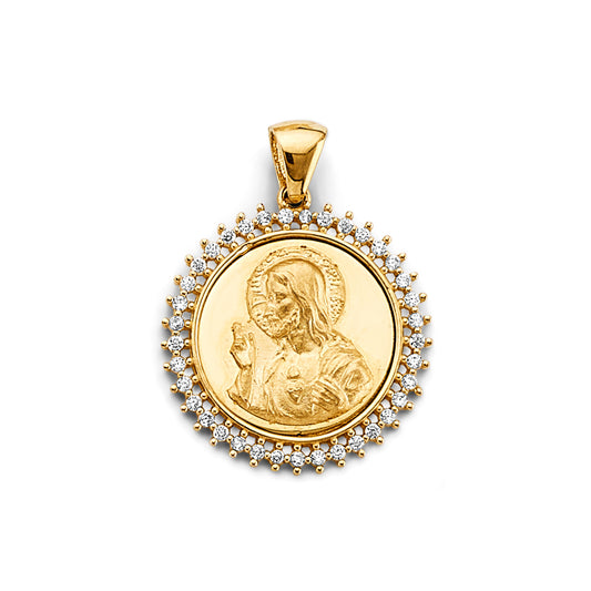 14K Yellow Gold Sacred Heart Jesus Round CZ Medallion aprox 1" Tall