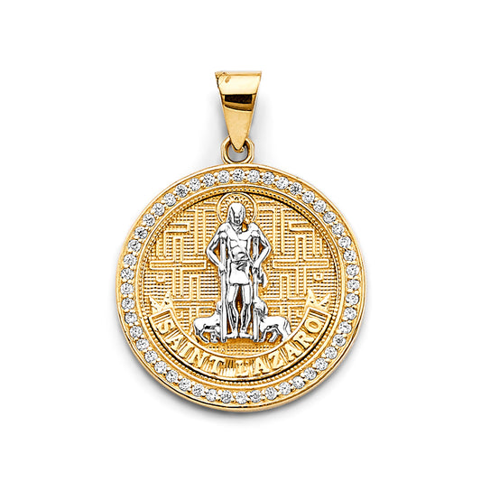 14K Two-Tone Gold Saint Michael Round CZ Medallion aprox 1 1/4" tall