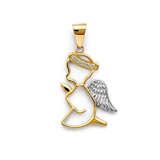14K Two-Tone Gold Angel Outline Design CZ Pendant
