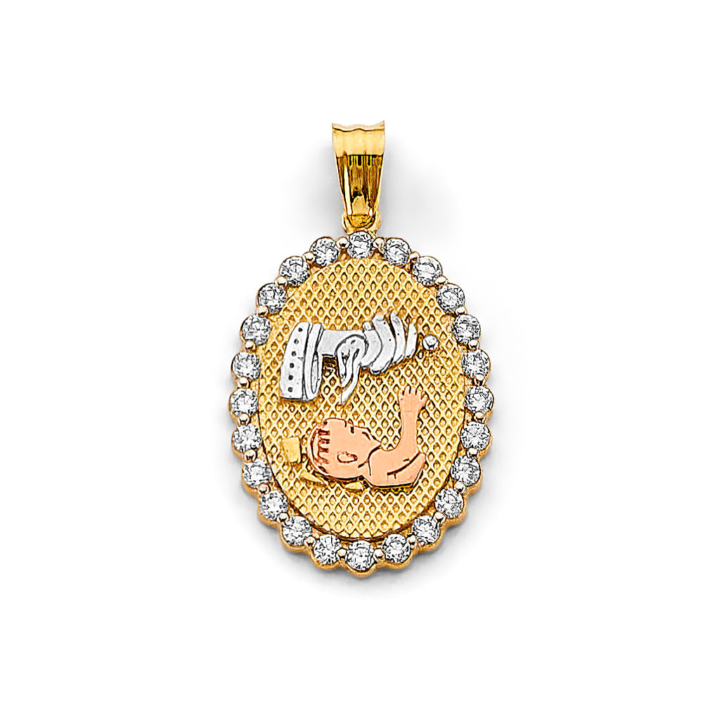 14K Tri-Color Gold Baptism Oval CZ Medallion Pendant