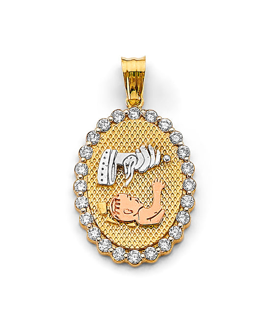 14K Tri-Color Gold Baptism Oval CZ Medallion Pendant
