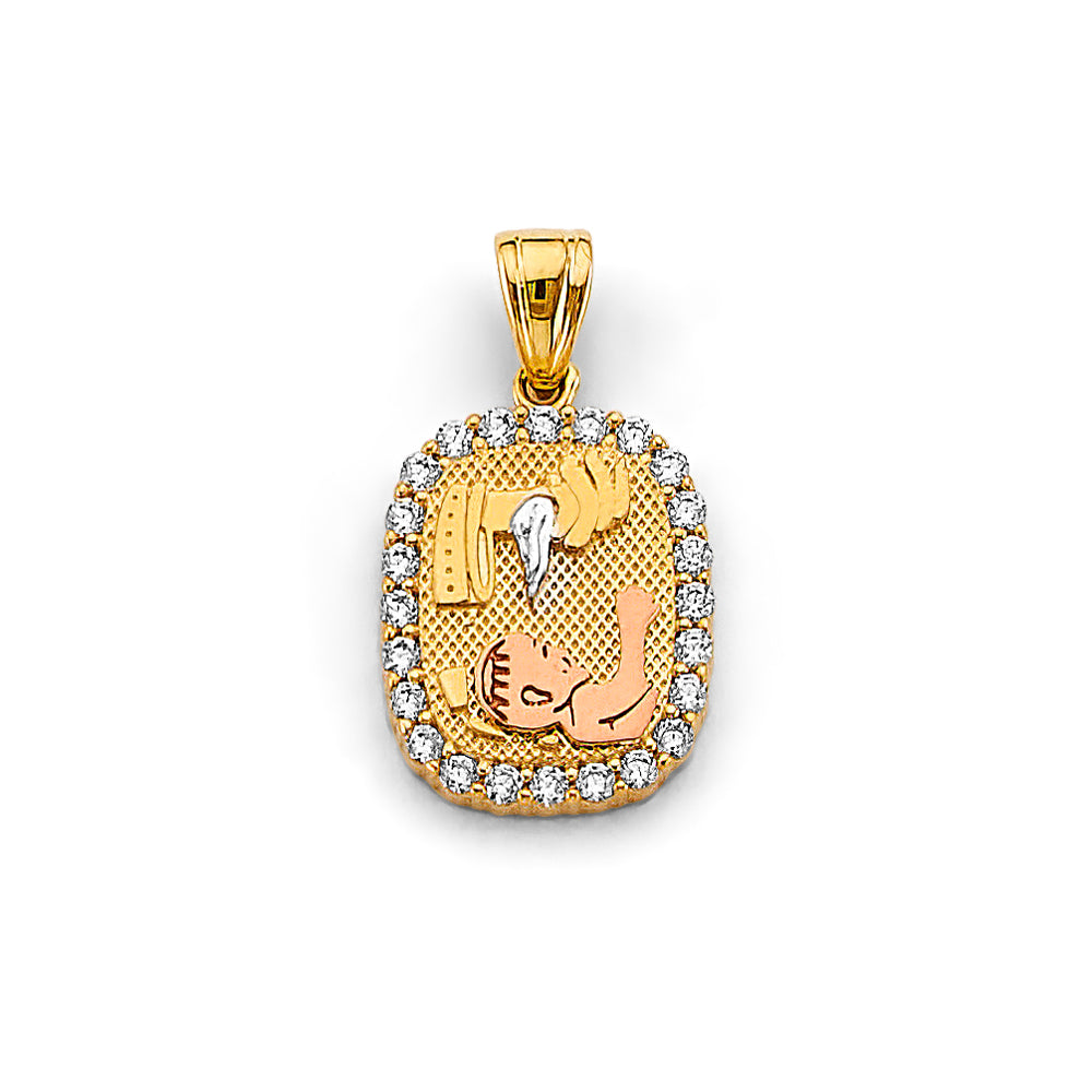 14K Tri-Color Gold Baptism Square CZ Medallion Pendant