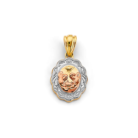 14K Tri-Color Gold Baptism Scalloped Oval Medallion Pendant