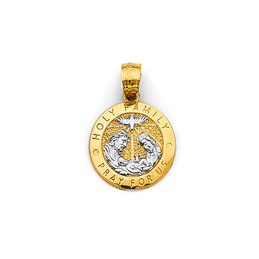 14K Two-Tone Gold Holy Family Prayer Round Medallion Pendant