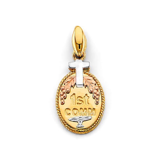 14K Tri-Color Gold 1st Communion Oval Pendant