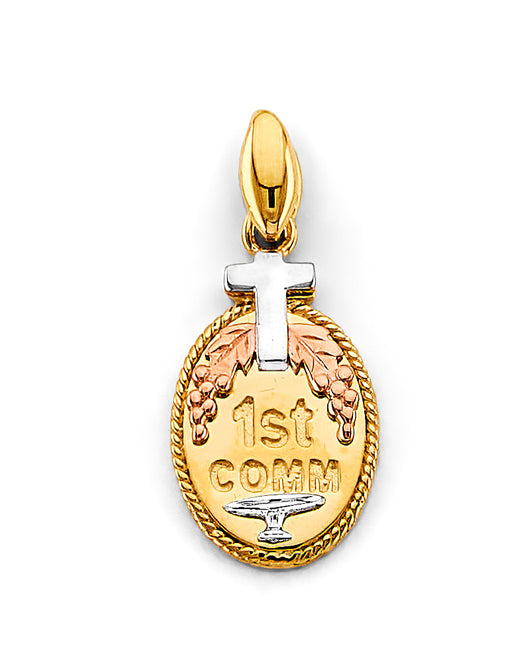 14K Tri-Color Gold 1st Communion Oval Pendant