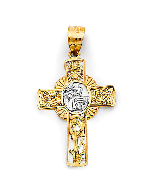 14K Two-Tone Gold Filigree Crucifix Pendant