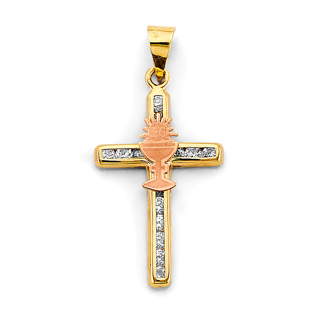 14K Two-Tone Gold CZ Communion Cross Pendant