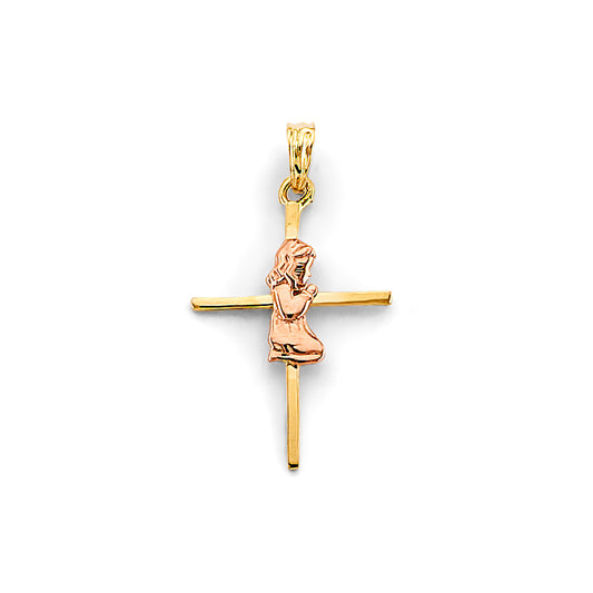 14K Two-Tone Gold Praying Girl Cross Pendant