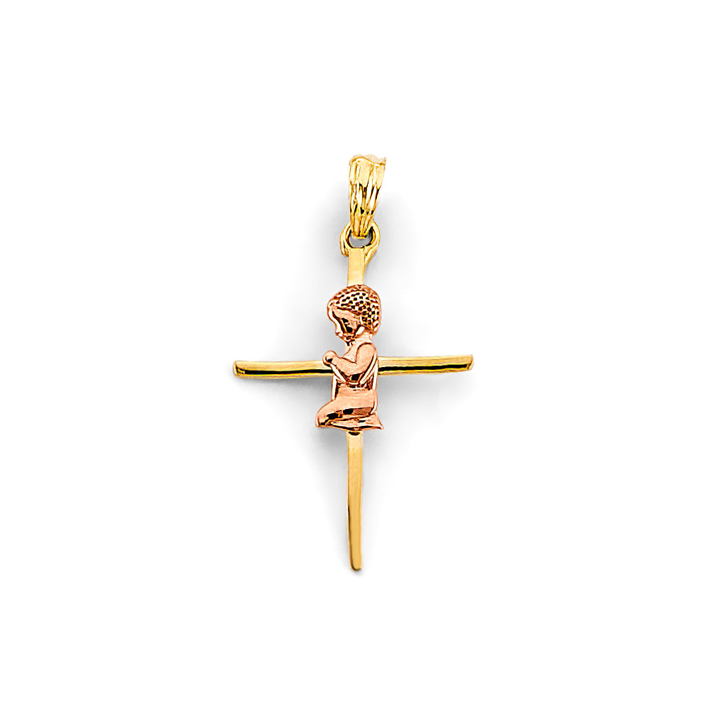 14K Two-Tone Gold Praying Boy Cross Pendant