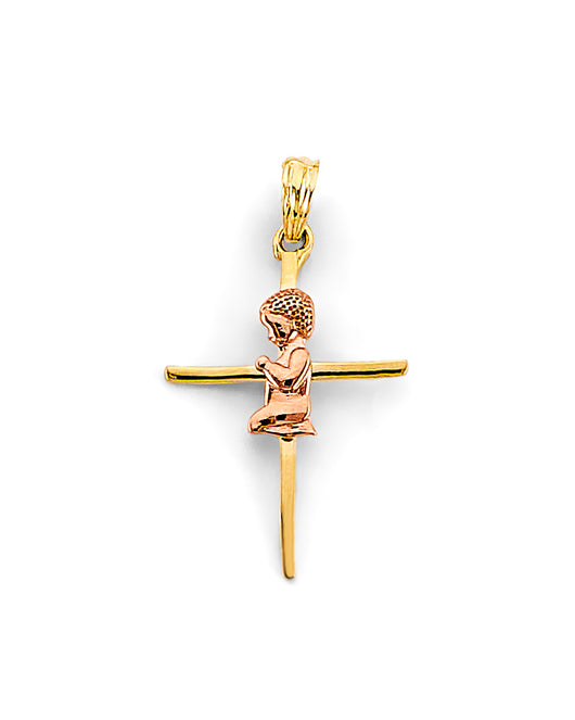 14K Two-Tone Gold Praying Boy Cross Pendant