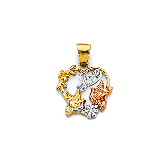 14K Tri-Color Gold Love Doves Heart Pendant
